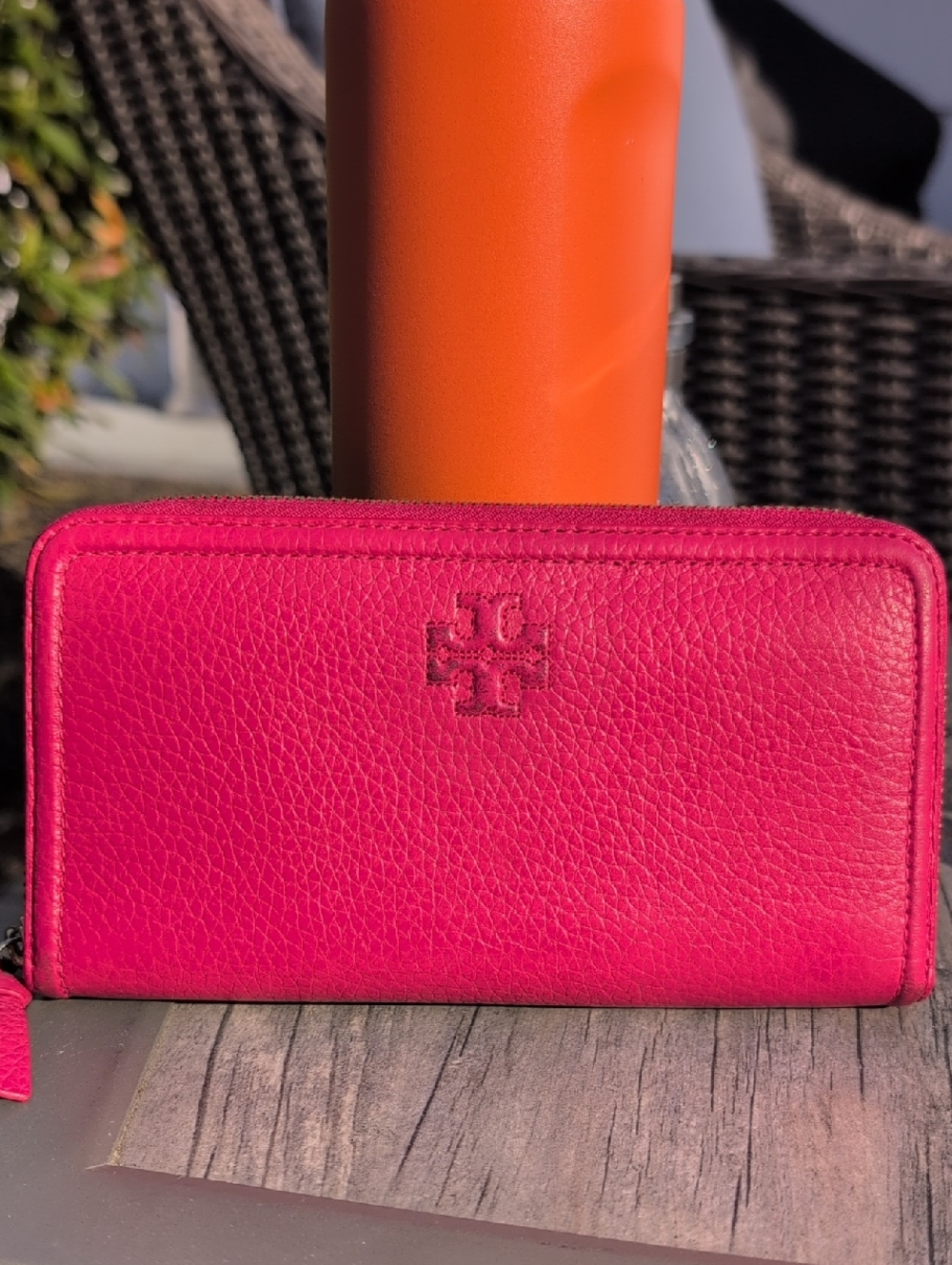 Tory Burch Pink Pebbled Leather Zip Around Wallet